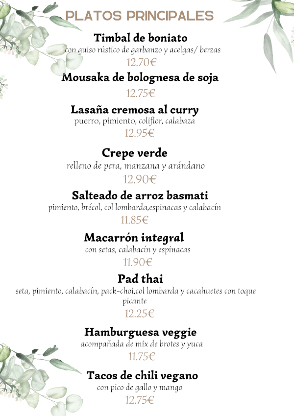 Carta de platos principales