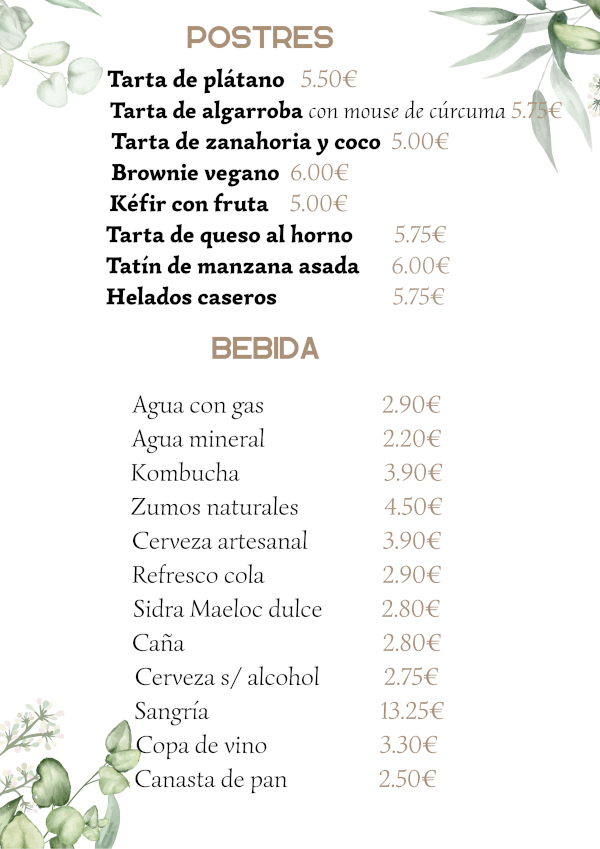 Carta de postres y bebidas